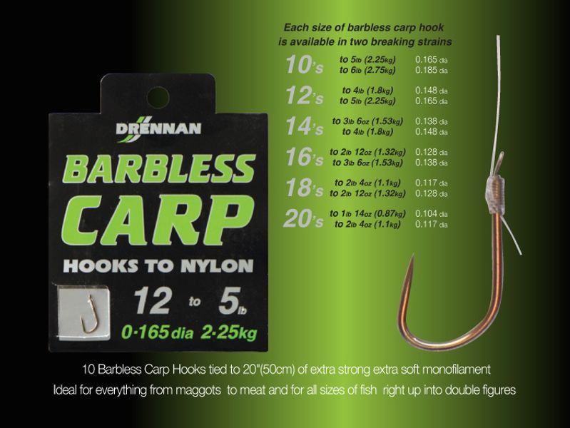 Drennan HOOKS TO NYLON Carp BARBLESS